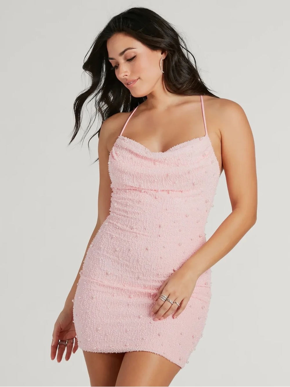 Windsor “Keira” Pink Faux Pearl Strappy Open-Back Mini Dress - Size XS